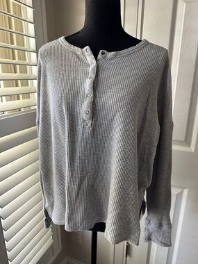 Aerie Oversized Waffle Knit Henley Top Light Gray L